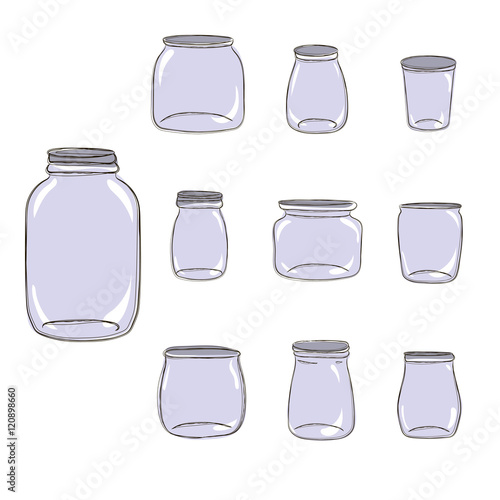 Set of doodle style empty mason jars with glass effect for kitchen decor