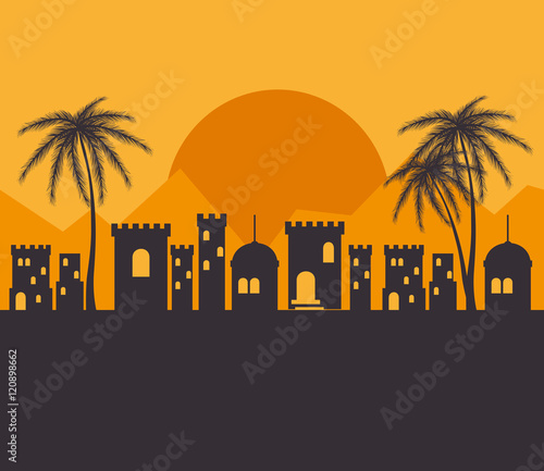arabic town landscape with buildings and palms. vector illustration