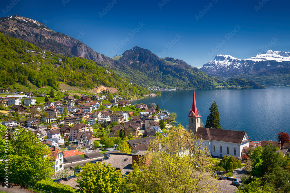 village Weggis, lake Lucerne (Vierwaldstatersee), Pilatus mountain and Swiss Alps in the background near famous Lucerne (Luzern) city, Switzerland
