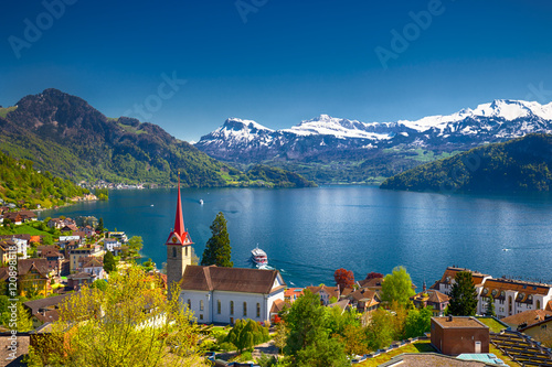 Village Weggis, lake Lucerne (Vierwaldstattersee), Pilatus mountain and Swiss Alps in the background near famous Lucerne (Luzern) city, Switzerland