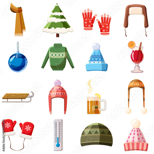 Winter icons set in cartoon style. Winter accessories and elements set collection vector illustration