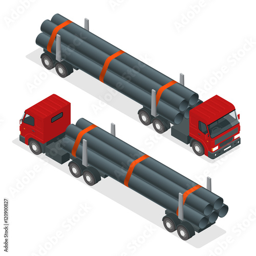Isometric Truck tractor with flatbed trailer hauling pipe. Vector infographic element.