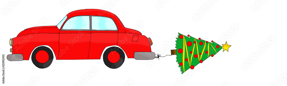 Red car towing a tree