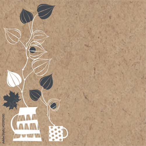  Vector illustration with bouquets of Physalis on kraft paper. 