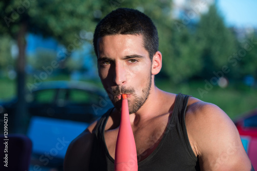 Man Smoking Shisha Outdoor