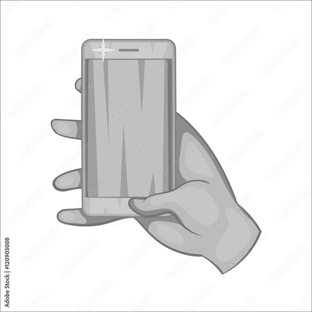 Hand works on a mobile phone icon in black monochrome style isolated on white background. Communication symbol vector illustration Hand works on a mobile phone icon in black monochrome style isolated on white background. Communication symbol vector illustration