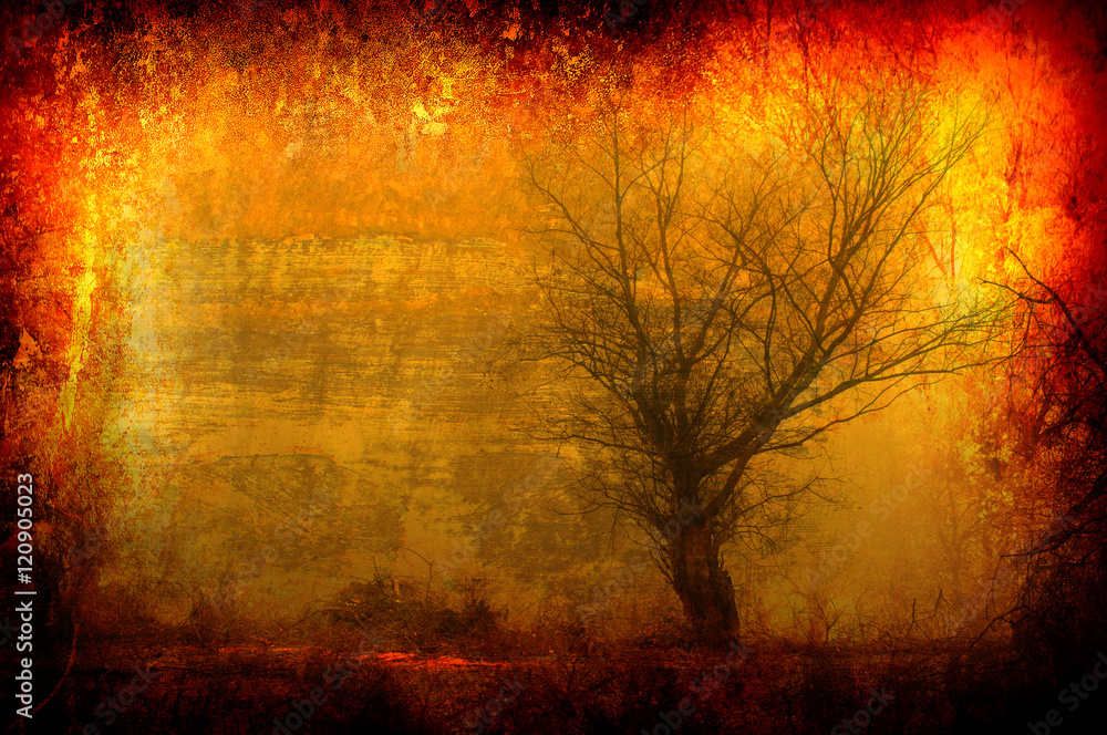 Art grunge spooky landscape showing silhouette of tree on colorful texture