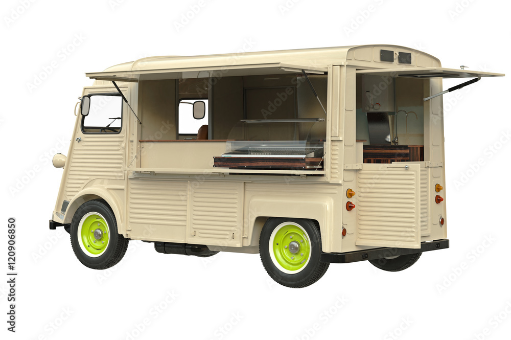 Food truck eatery on wheels retro style. 3D graphic