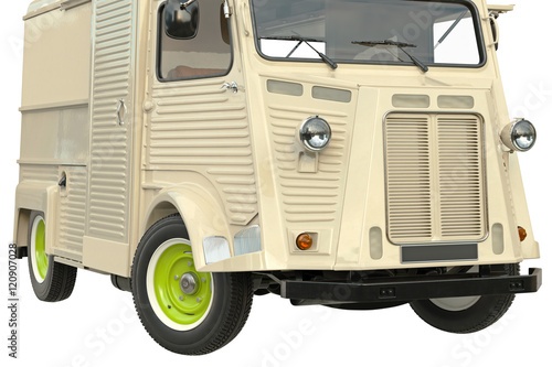 Food truck beige retro style, close view. 3D graphic