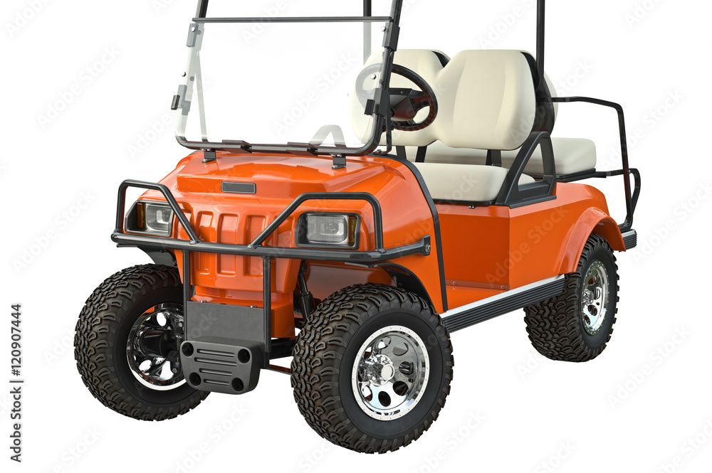 Golf car orange, close view. 3D graphic
