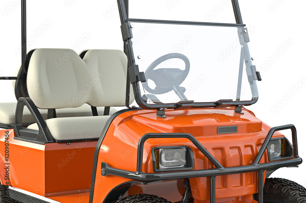 Golf car orange golfing equipment, close view. 3D graphic Golf car orange golfing equipment, close view. 3D graphic