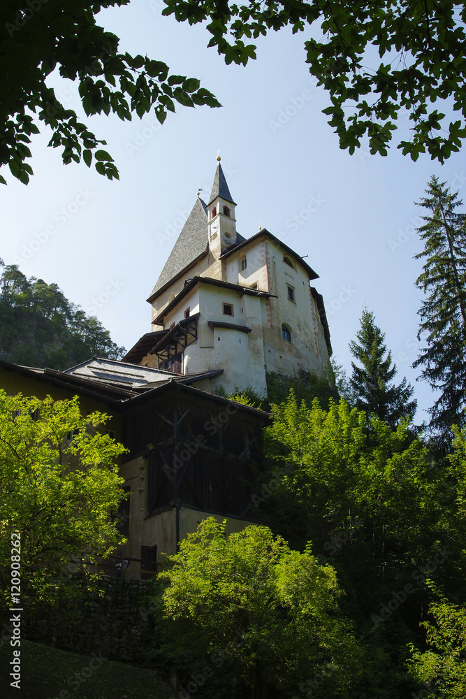 Sanctuary in the woods seen from below. San Romedio, Trentino, Italy Sanctuary in the woods seen from below. San Romedio, Trentino, Italy