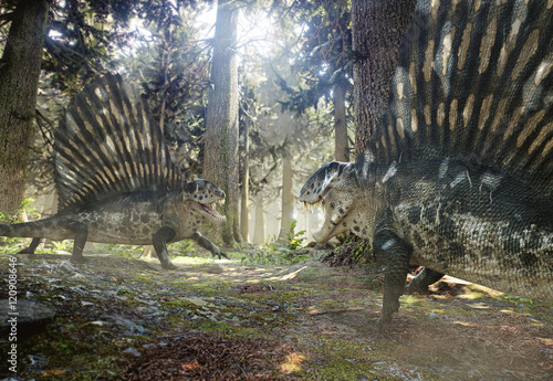 3D rendering of two Dimetrodons challenging each other. © Herschel Hoffmeyer