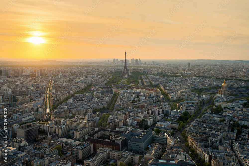 Aerial view of Paris with Eiffel tower at sunset in Paris,France