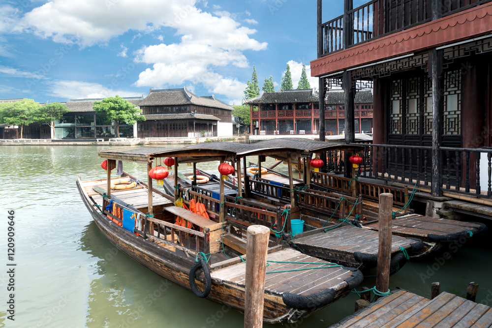 China traditional tourist boats on canals of Shanghai Zhujiajiao