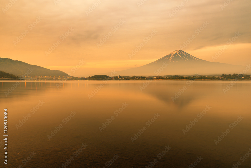 Mt. Fuji at Lake Kawaguchi during sunrise in Japan. 