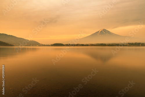 Mt. Fuji at Lake Kawaguchi during sunrise in Japan. 