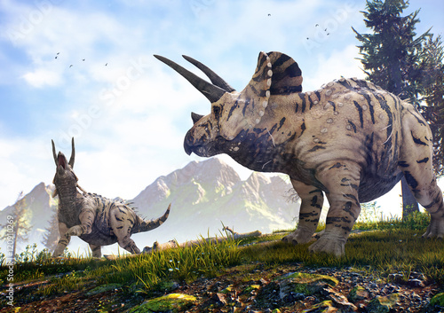 3D rendering of Triceratops horridus roaming a hillside in Hell Creek about 67 million years ago.