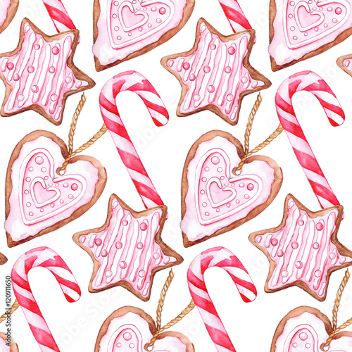 Wallpaper Mural Watercolor Christmas candy cane ginger biscuits seamless pattern Torontodigital.ca