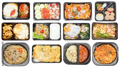 Different types of fast food in microwavable plastic containers / Fast food and modern lifestyle 