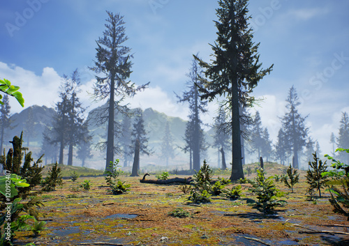 3D rendering of a valley in Hell Creek about 67 million years ago. The formation was home to dinosaurs such as Tyrannosaurus Rex and Triceratops.