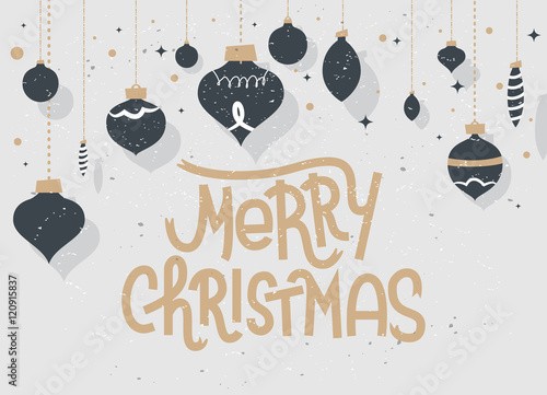 Merry Christmas lettering. Typographic greeting card on grey background