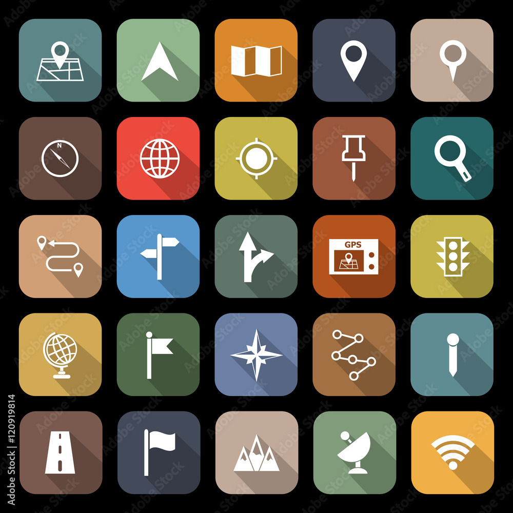 Navigation flat icons with long shadow
