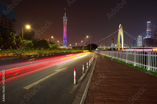 Empty road floor at car light trail of night scene