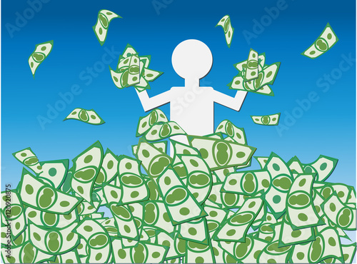 Cash Windfall - Jubilant person waist deep in a mound or pile of money celebrating the windfall