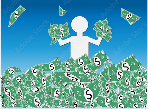 Dollar Cash Windfall - Jubilant person waist deep in a mound or pile of dollars money celebrating the windfall