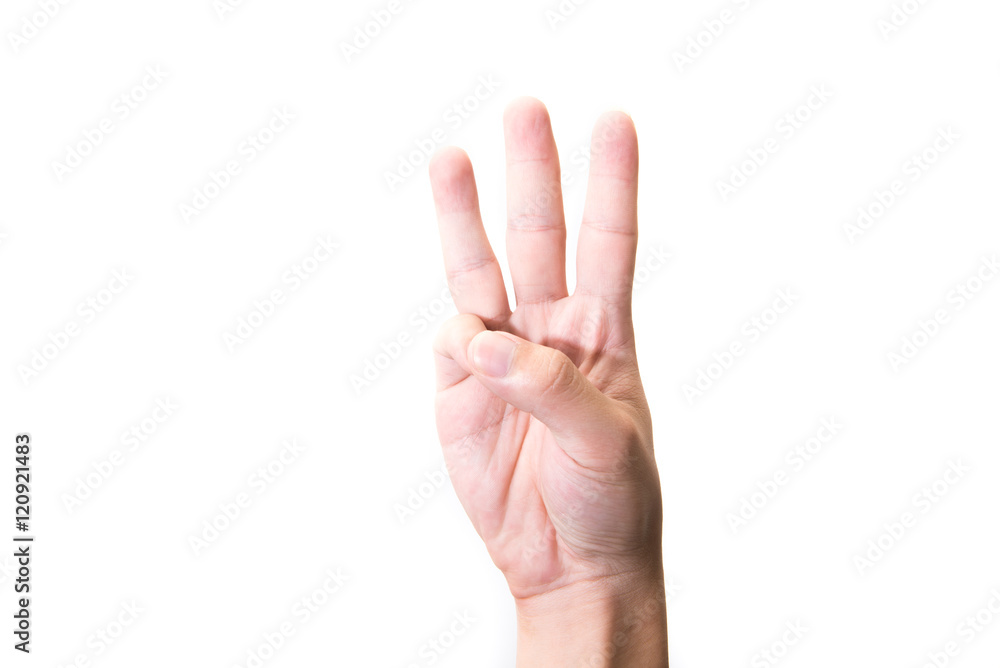 Male hand is showing three fingers isolated on white background Male hand is showing three fingers isolated on white background