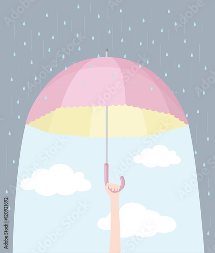 confidence and optimism: hand holding a pink umbrella, converting rain into blue sky