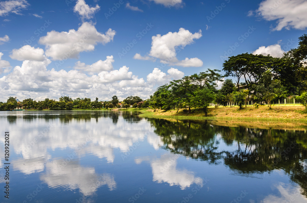pond and blue sky and white cloud in countryside