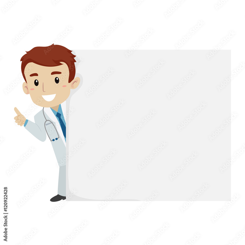 Vector Illustration of Male Doctor Beside Blank White Board