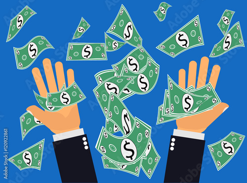 Catching or pitching Dollars or Money up. Hands catching falling dollars from the sky