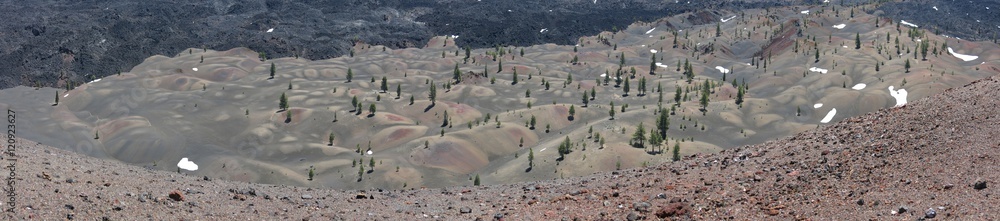 Painted dunes, view from Cinder Cone Caldera, Lassen Volcanic National Park Painted dunes, view from Cinder Cone Caldera, Lassen Volcanic National Park