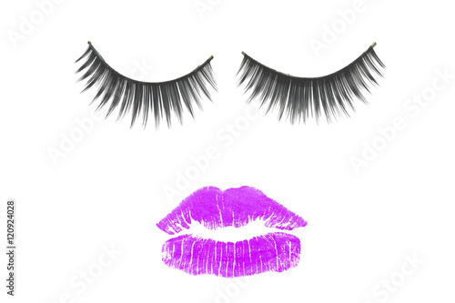 pink mouth and eyelashes concept for makeup on white background.