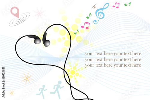 Black wire headphones earplugs with colored sound waves poster v