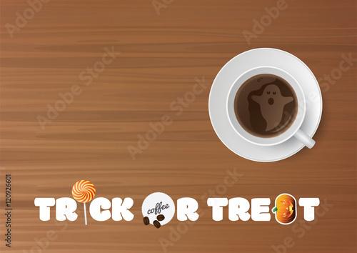 Vector Halloween Business party illustration. Trick or treat, cup of coffee with ghost, napkin on wooden desk background.