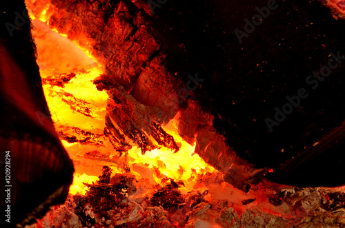 Detail of hot wood and embers in fireplace