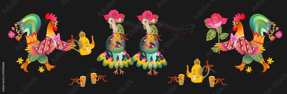 Tea Party. Seamless border with fairy rooster and hen. Vector illustration. Year of the Cock. Textile, paper, wallpaper, web design. Tea Party. Seamless border with fairy rooster and hen. Vector illustration. Year of the Cock. Textile, paper, wallpaper, web design.