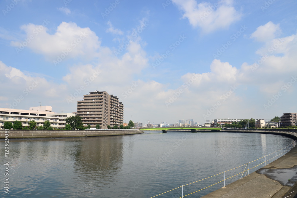 Naklejka premium 鶴見川と芦穂橋
