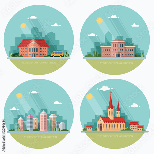 Set of icons of urban life. School, church, university, city. Fl