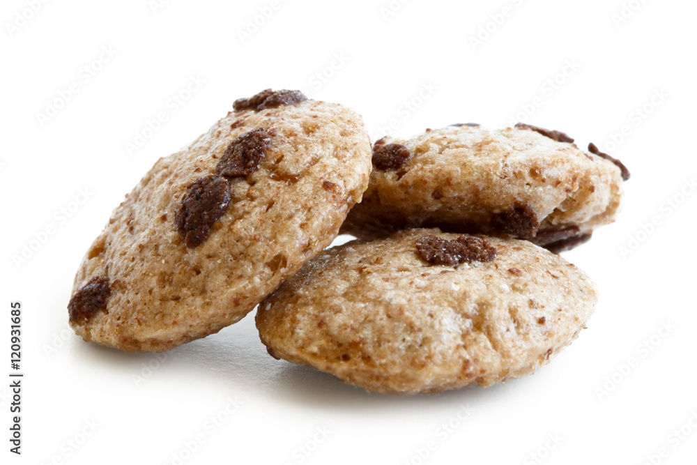 Three chocolate chip cookies cereal isolated on white. Three chocolate chip cookies cereal isolated on white.