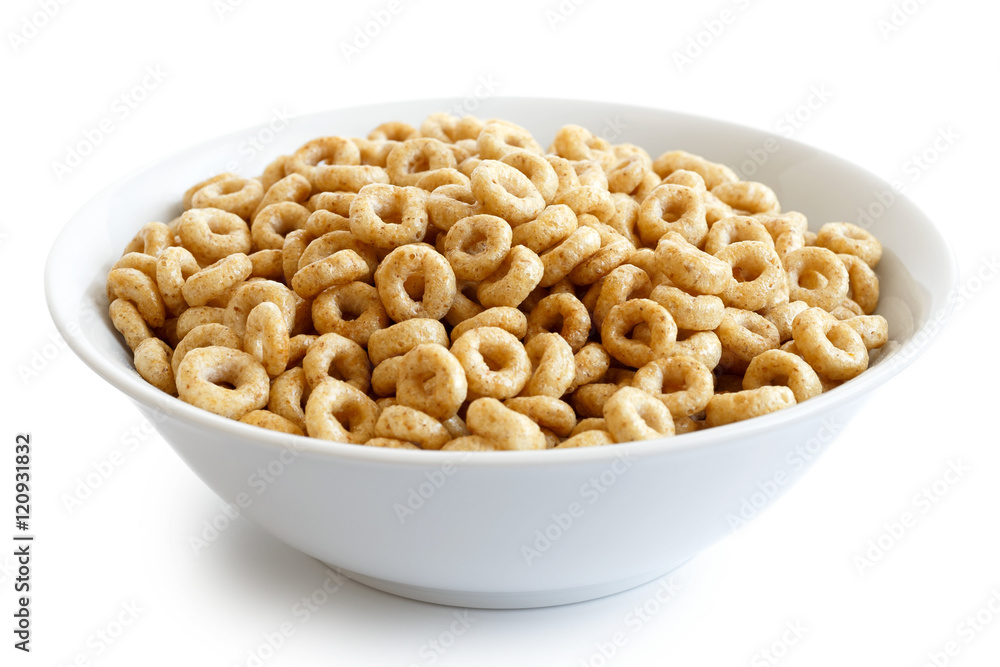 Bowl of honey cheerios isolated on white. Bowl of honey cheerios isolated on white.