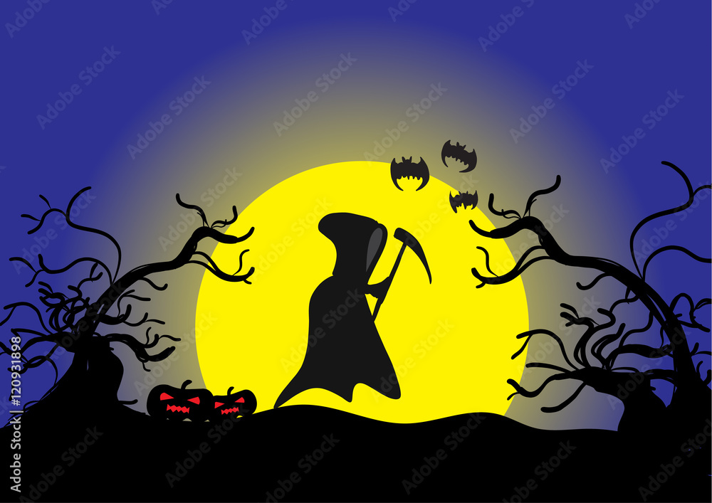 Halloween day ,Angel of Death pumpkins yellow Moon bat and Silhouette tree background , vector illustration.