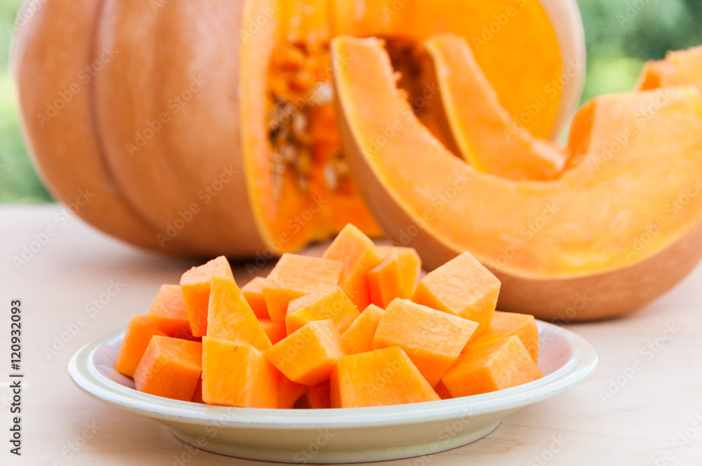 Gresh pimpkin cut in slices and pieces Gresh pimpkin cut in slices and pieces
