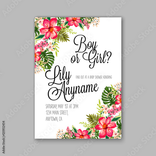 Baby shower invitation template with watercolor tropical flower wreath