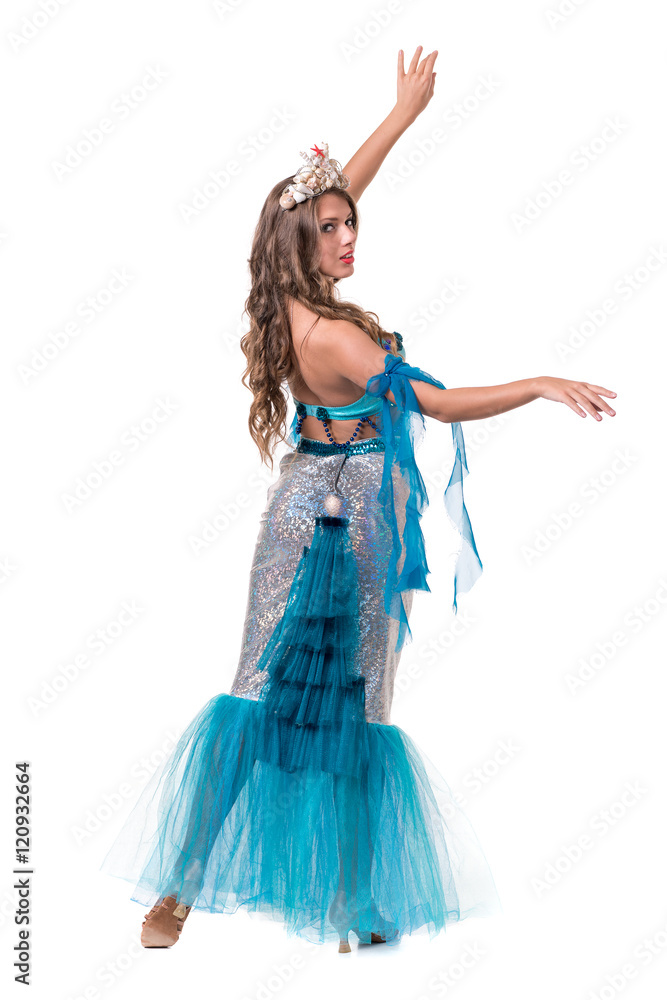 Carnival dancer woman dressed as a mermaid posing, isolated on white Carnival dancer woman dressed as a mermaid posing, isolated on white
