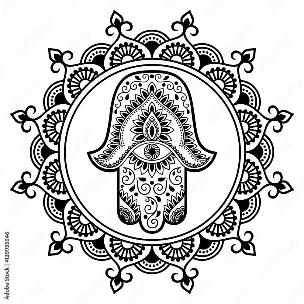 Fototapeta premium Hamsa hand drawn symbol in mandala. Mehndi style.Decorative pattern in oriental style. For henna tattoos, and decorative design documents and premises.